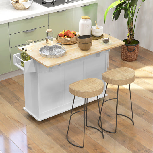 HOMCOM Kitchen Island On Wheels With Drop Leaf 3 Drawers Spice Rack And Towel Rack Rubber Wood Top Trolley White