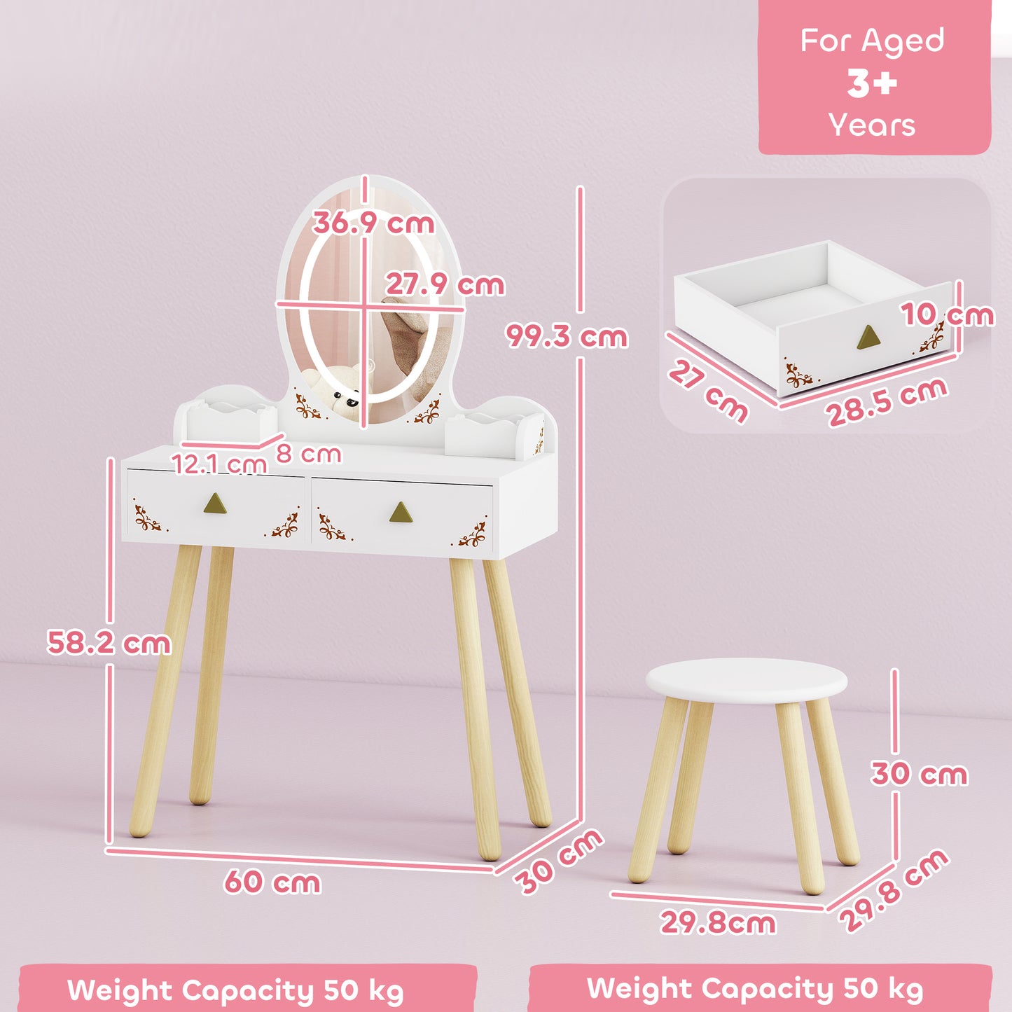AIYAPLAY Kids Vanity Table And Chair Set With 3 Color LED Lights Mirror And Storage Drawers For Ages 3 And Up White