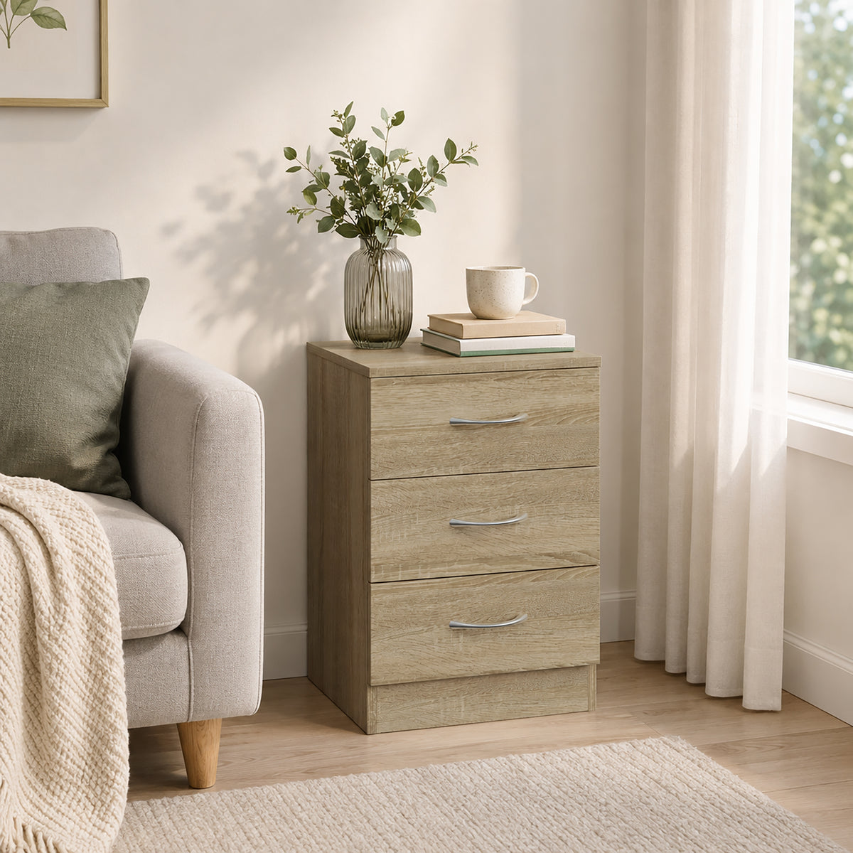 HOMCOM Oak Three Drawer Bedside Table Nightstand with Storage