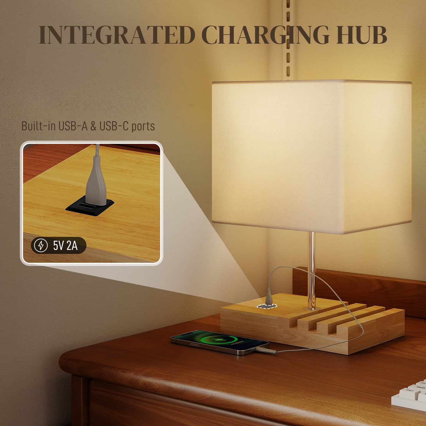 HOMCOM Bedside Lamp With USB A C Ports And Three Phone Stands, Modern Wood Base Fabric Shade E27 Socket, White