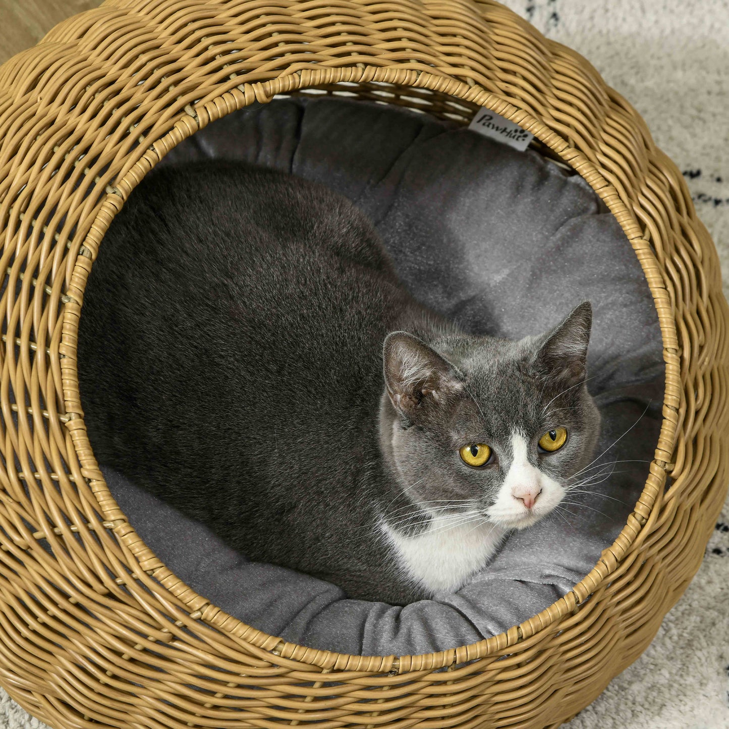 PawHut Wicker Cat Bed with Washable Cushion for Indoor Use, Light Brown - ALL4U RETAILER LTD