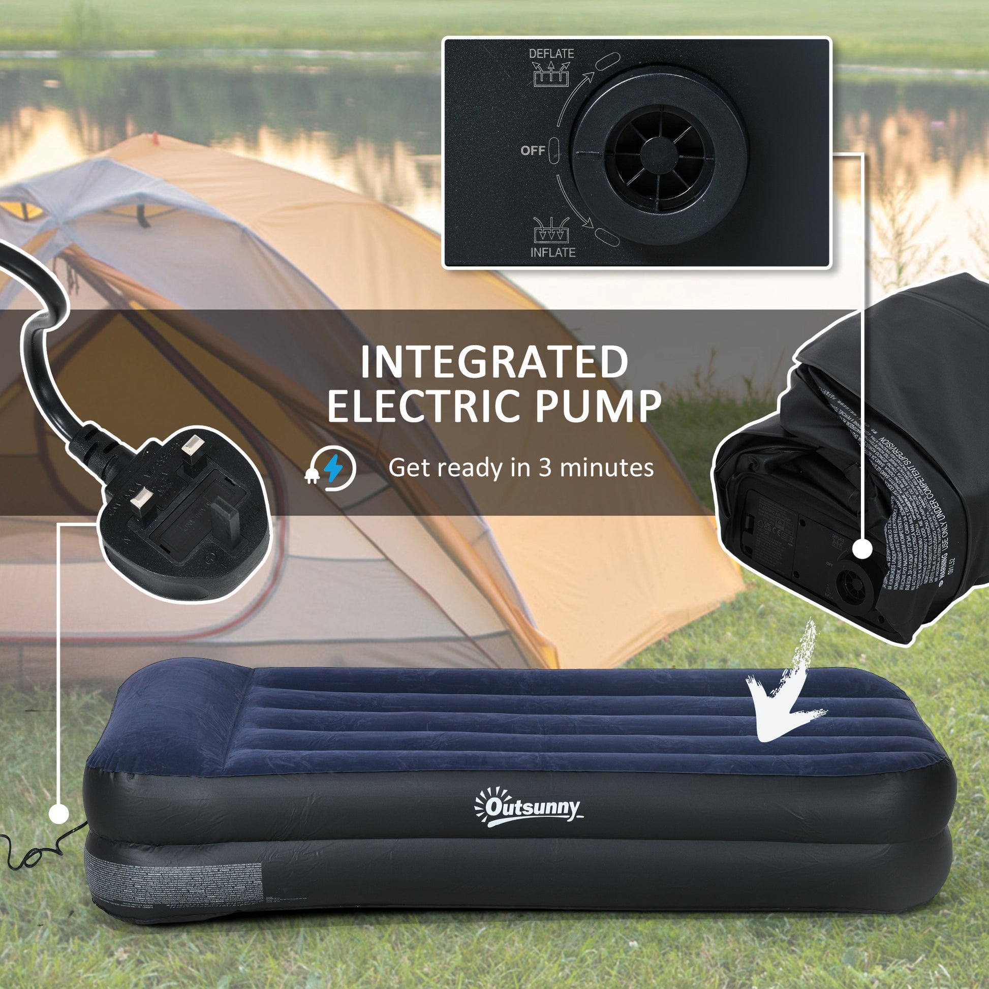 Outsunny Portable Single Air Mattress with Integrated Electric Pump and Carrying Bag - ALL4U RETAILER LTD