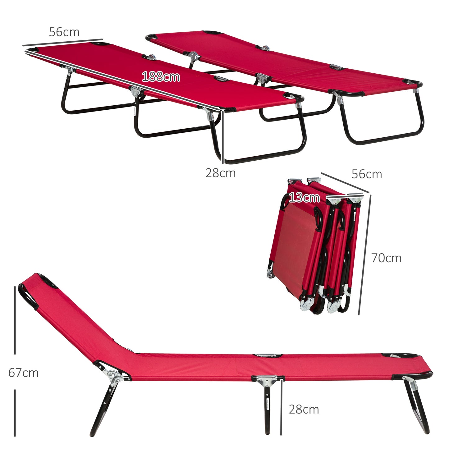 Outsunny Set Of Two Folding Sun Loungers Red With Five Position Reclining Backs And Powder Coated Steel Frames