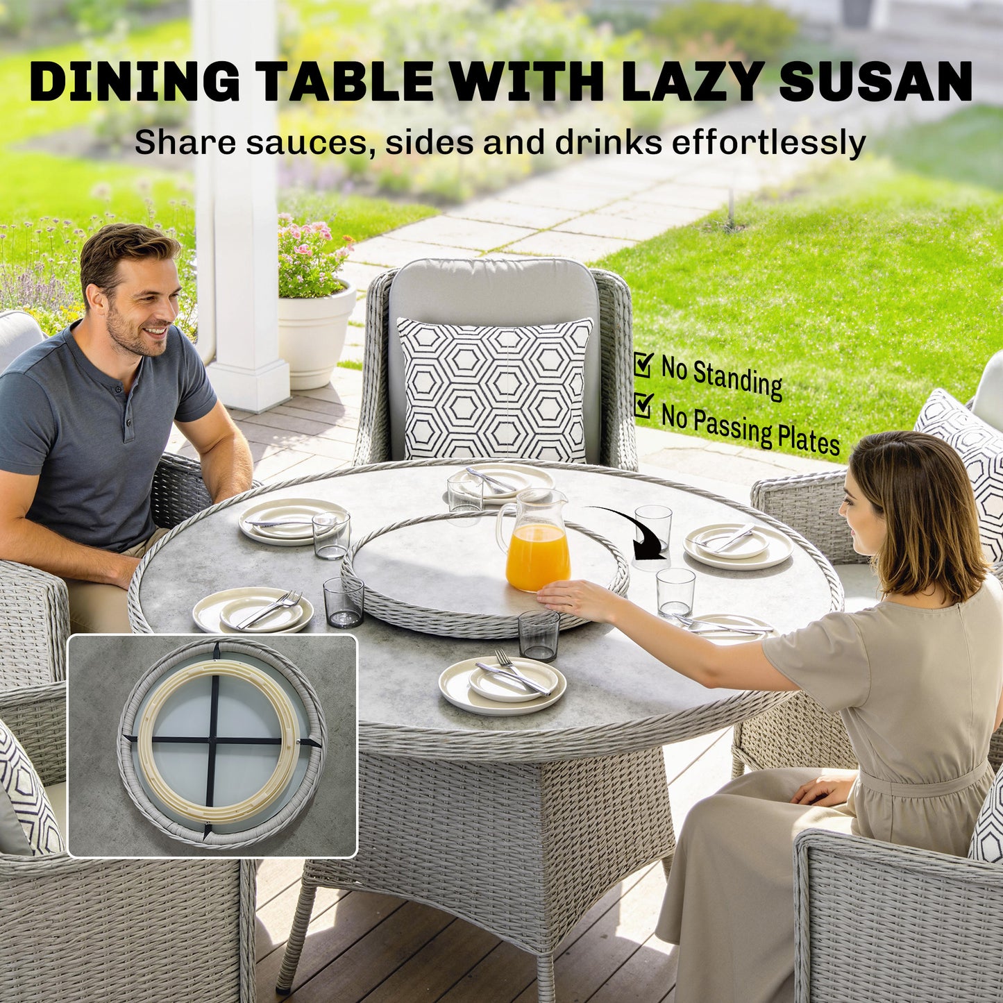 Outsunny Rattan Garden Dining Set With Turntable Marble Effect Glass Round Table And Aluminium Frame Chairs Grey