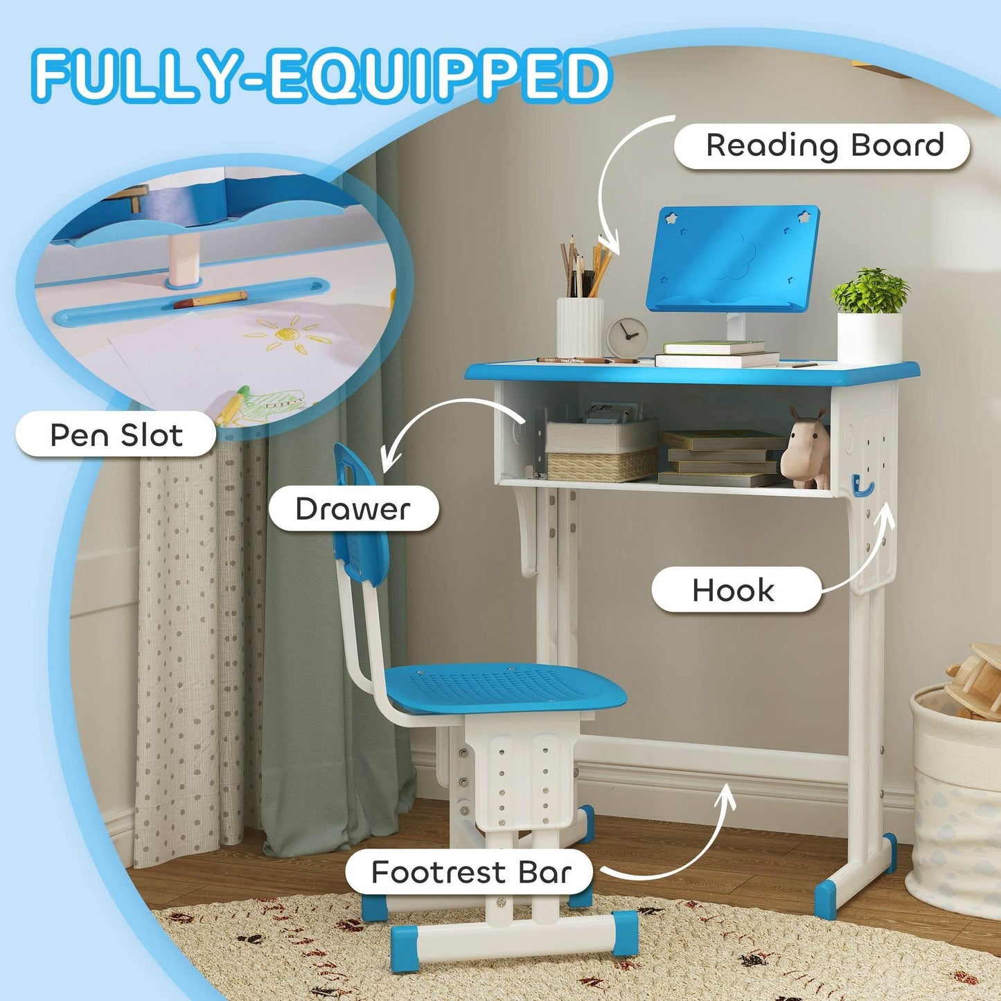 HOMCOM Blue Kids Study Desk and Chair Set with Storage, Adjustable Height and Book Stand - ALL4U RETAILER LTD