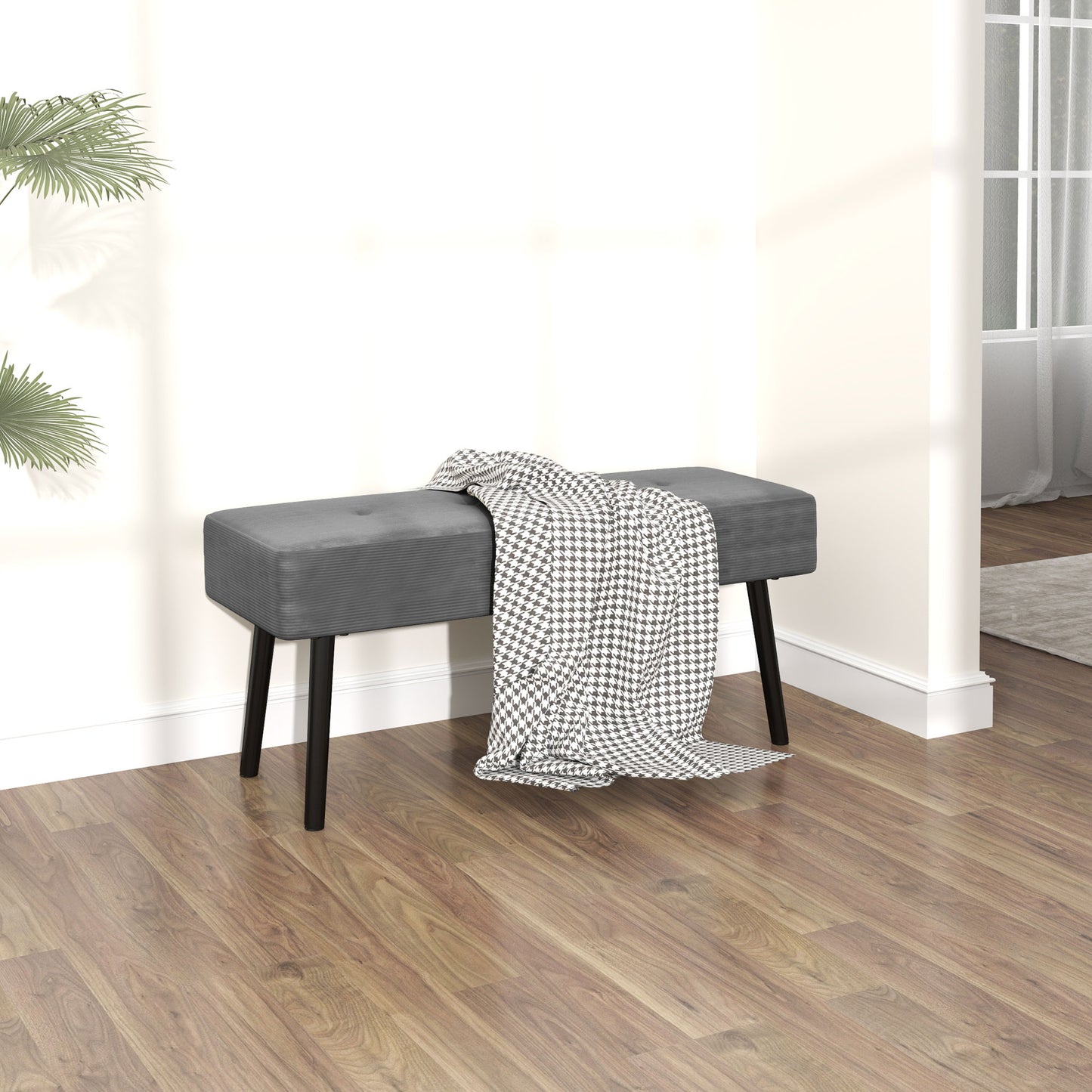 HOMCOM End Of Bed Bench With Corduroy Upholstery And Thick Padding Tufted Window Seat For Entryway And Living Room Grey
