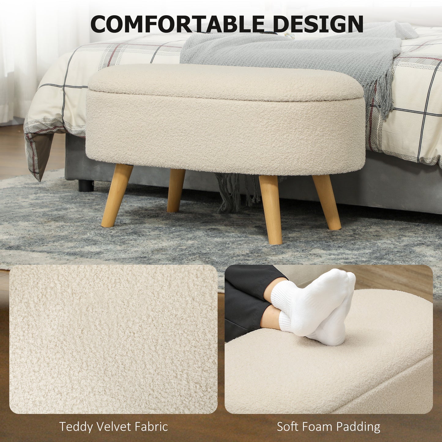 HOMCOM Teddy Fleece Storage Ottoman Cream White With 72 x 32 Cm Inner Storage And Padded Seat On Pine Wood Legs