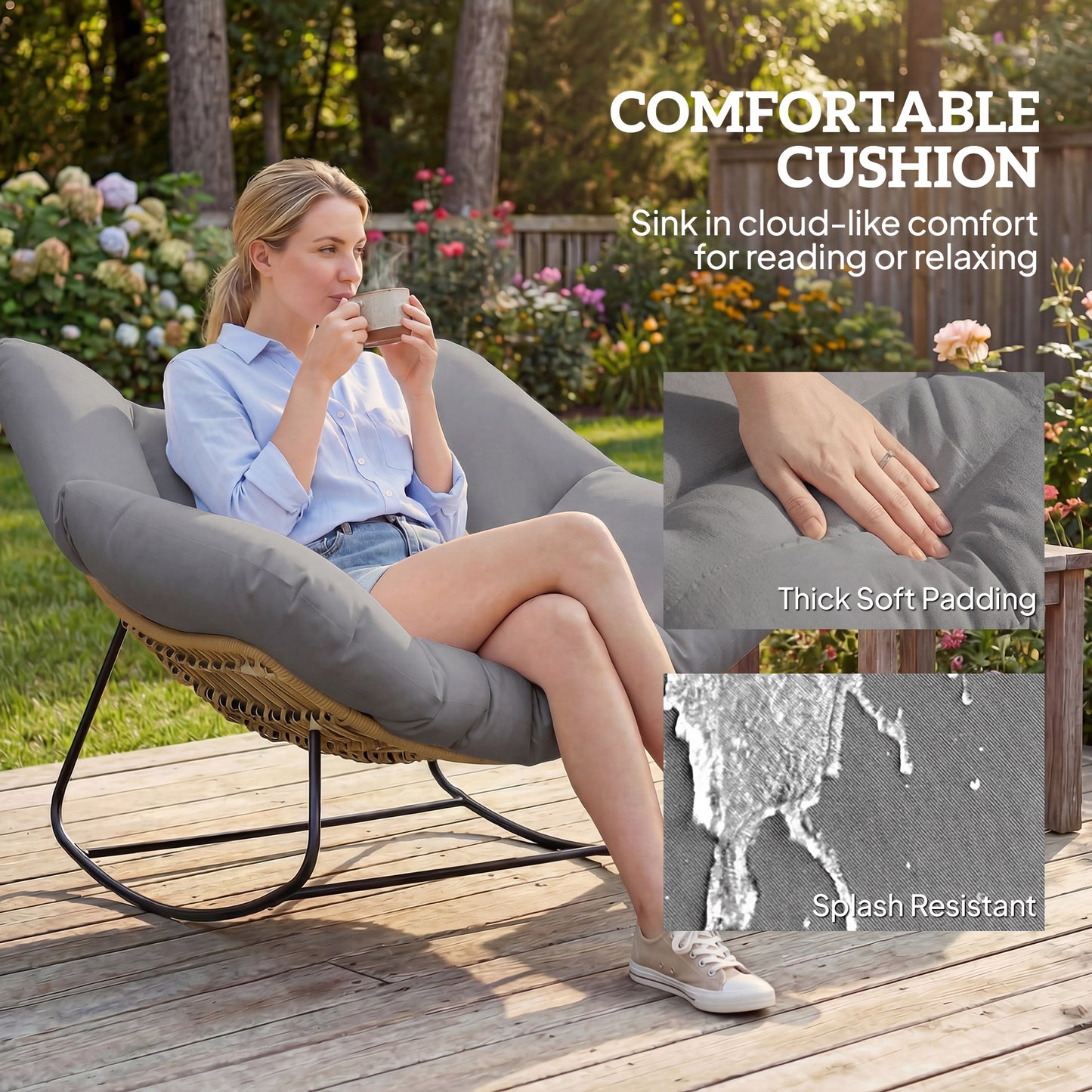 Outsunny Oversized Indoor Outdoor Rocking Egg Chair with Cushion Grey for Living Room Garden Patio
