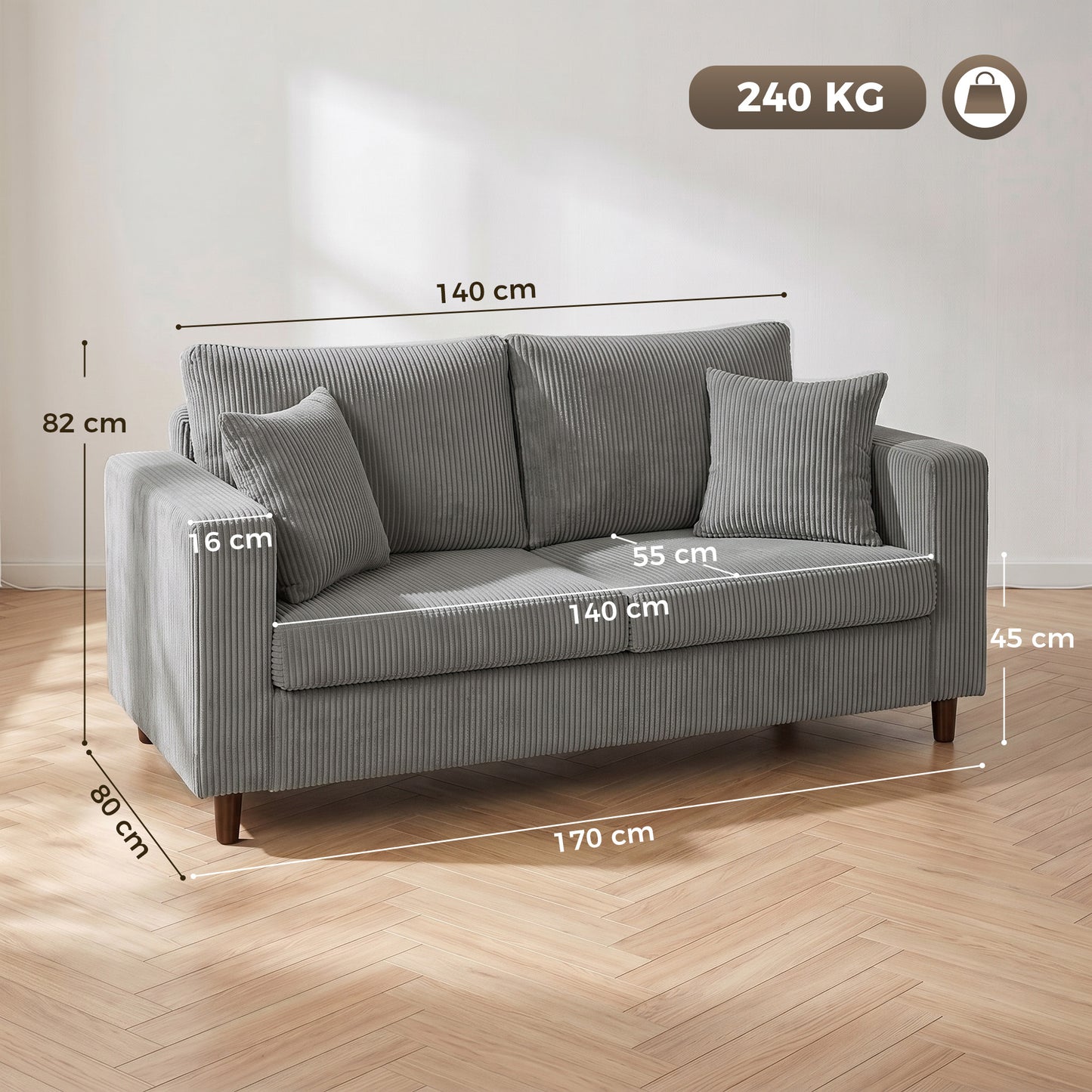 HOMCOM Corduroy Loveseat Sofa 2 Seater With Wide Deep Seat And Spring Cushion In Light Grey