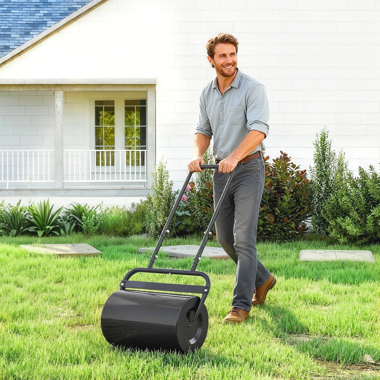 Outsunny 38L Fillable Cylinder Steel Lawn Roller Black for Flattening Lawns and Seedbeds