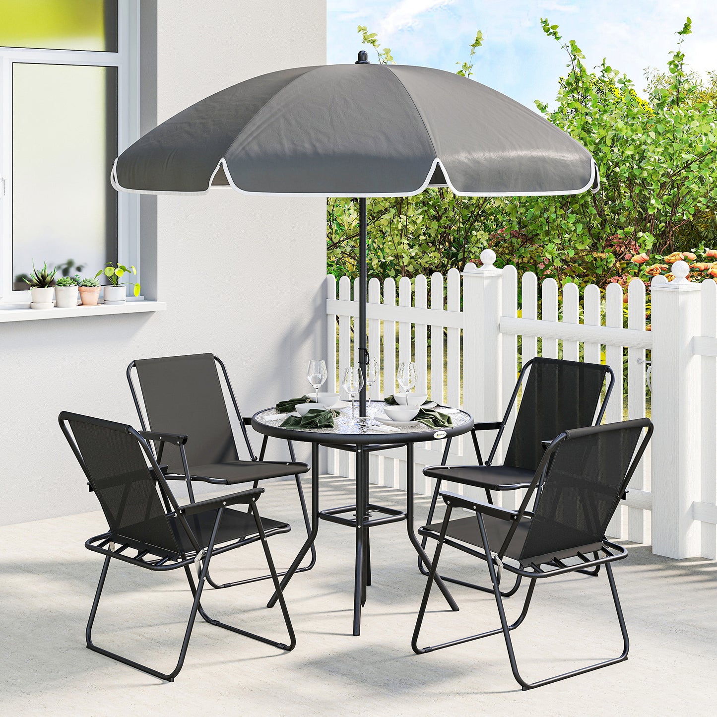 Outsunny 4 Seater Round Table Garden Furniture Set With Folding Chairs Parasol 6 Piece For Patio Black