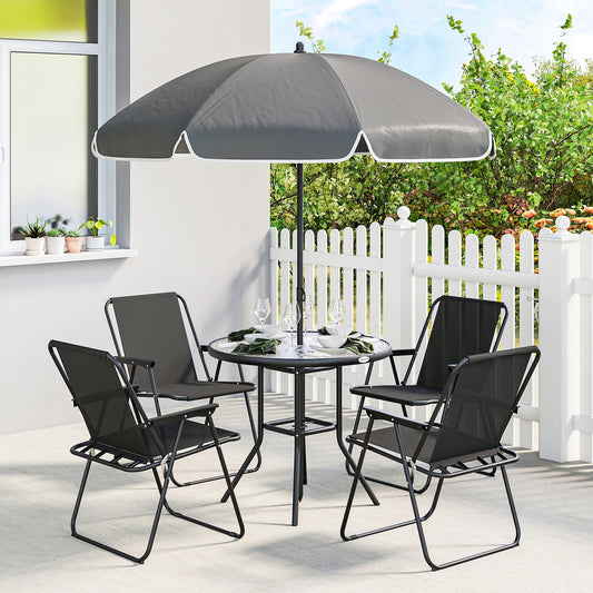 Outsunny 4 Seater Round Table Garden Furniture Set With Folding Chairs Parasol 6 Piece For Patio Black