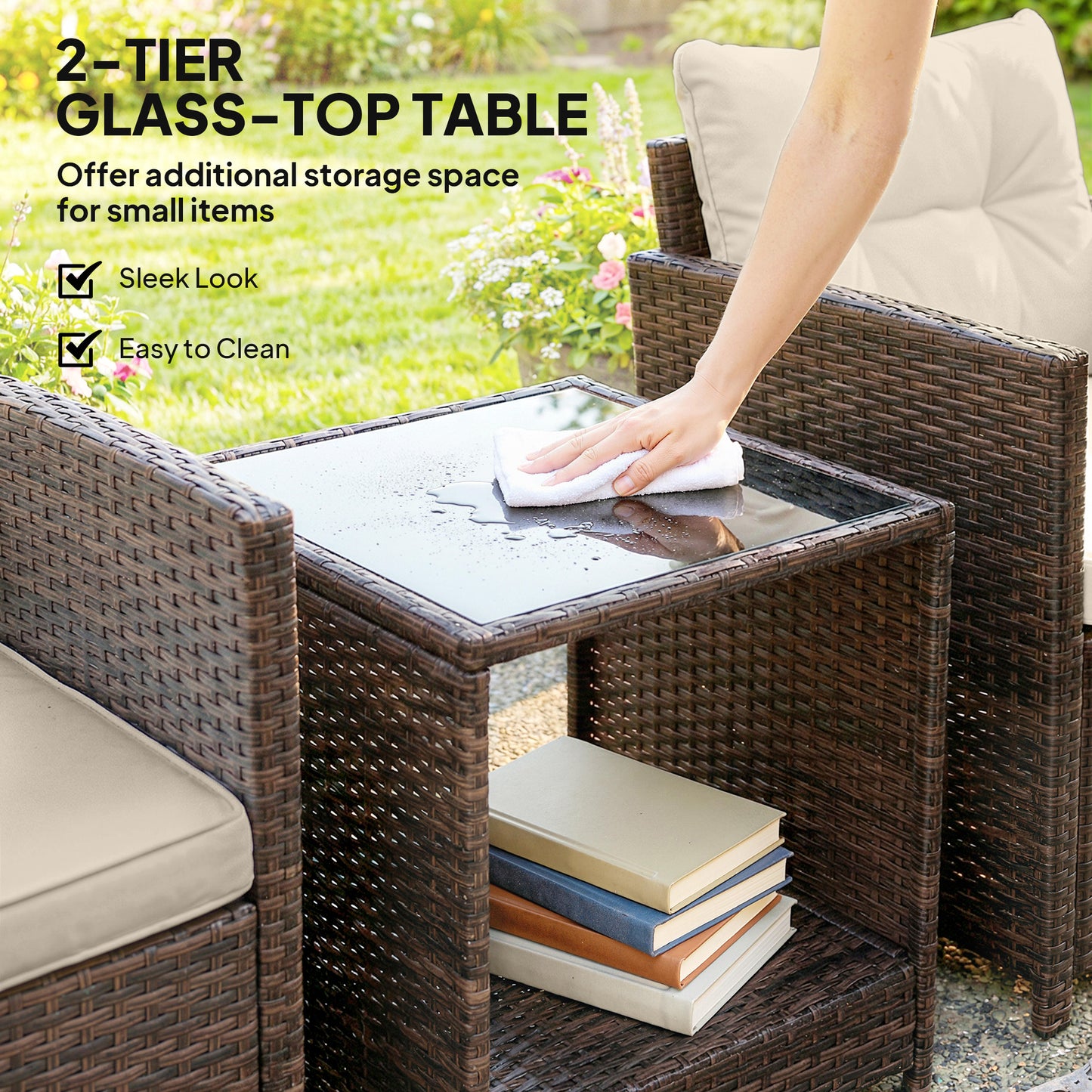 Outsunny Rattan Bistro Set 3 Piece Garden Furniture With Glass Top Table And Cushions Mixed Brown