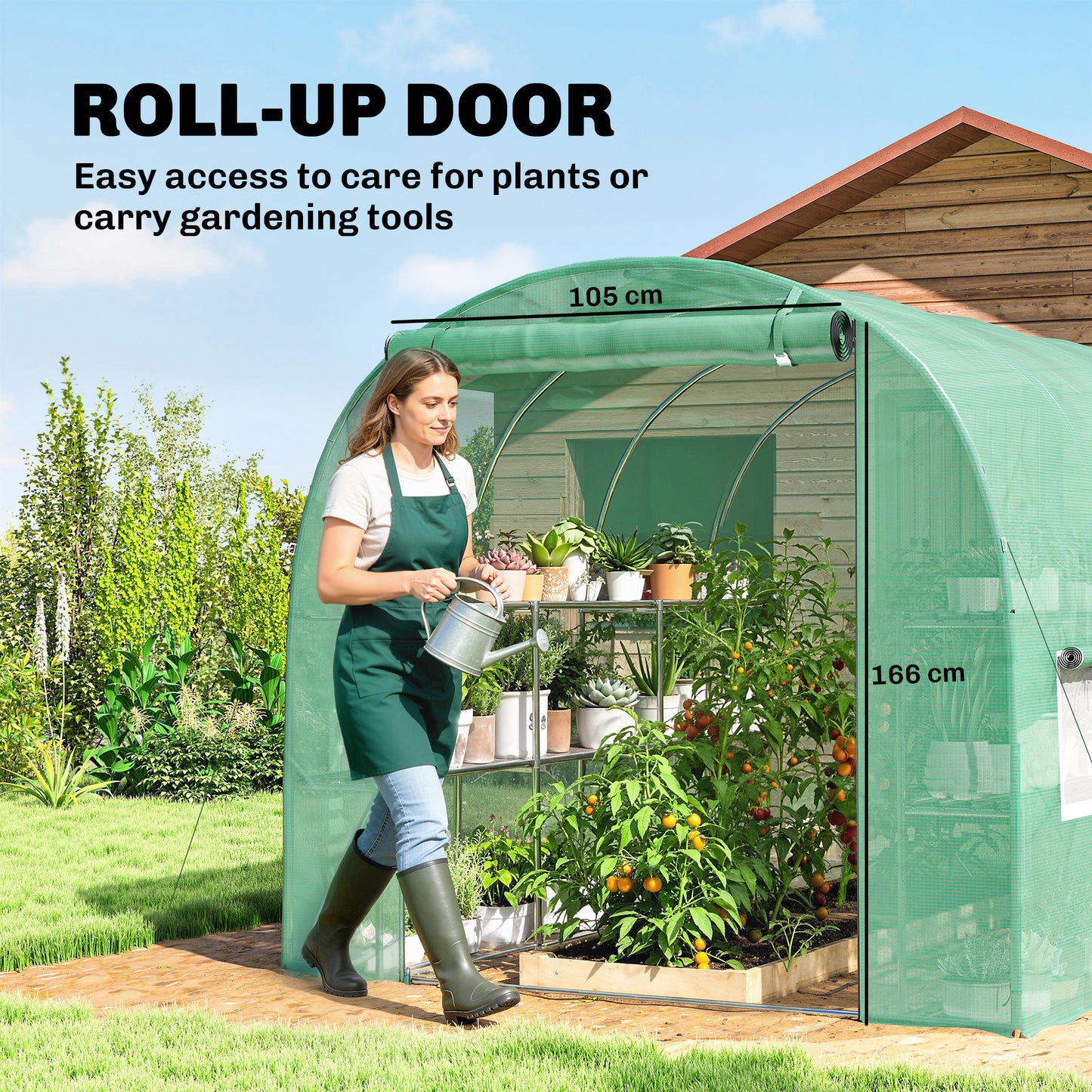 Outsunny Walk In Greenhouse Polytunnel With Shelves Roll Up Door 6 Mesh Windows UV Resistant 198 x 275 x 191 cm Green