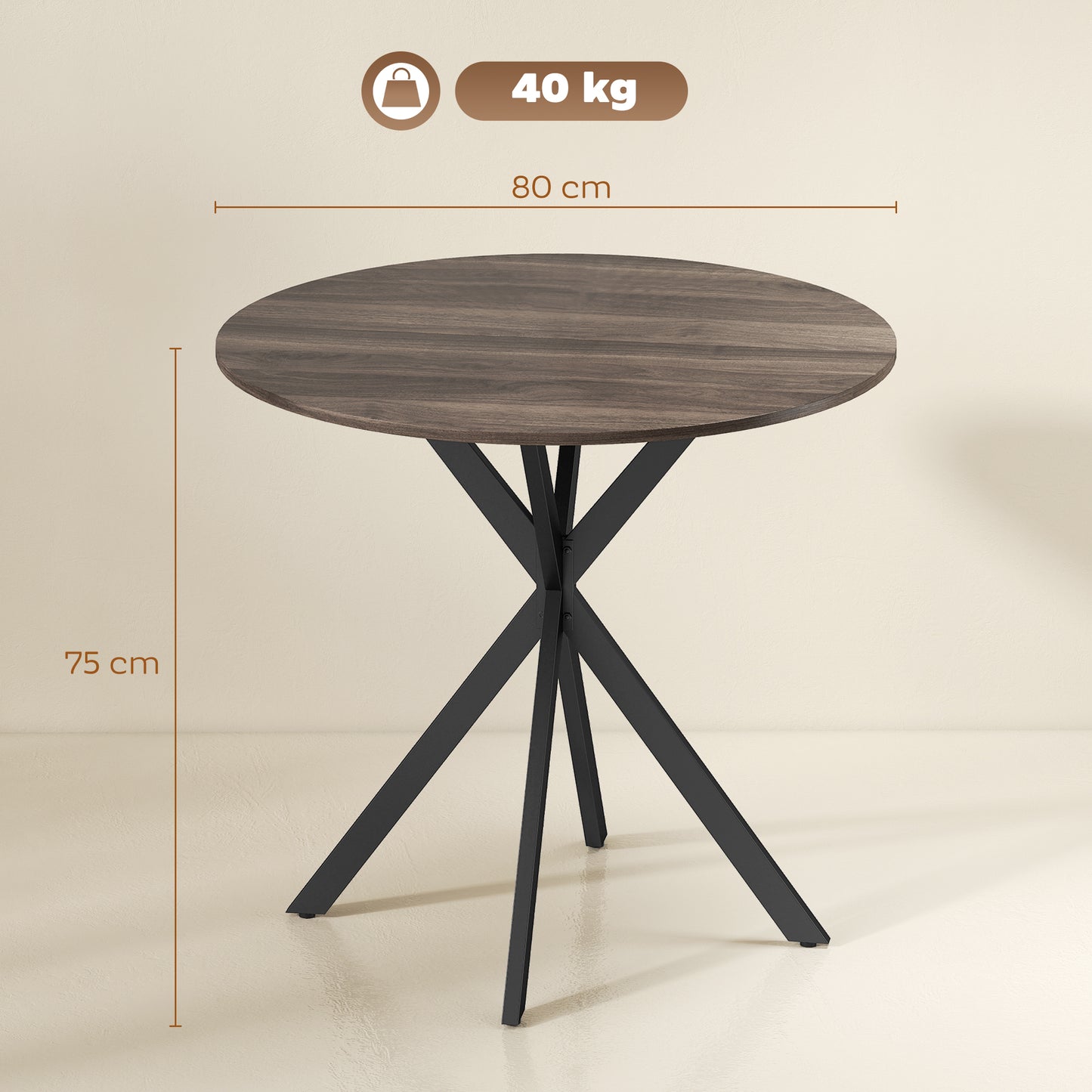 HOMCOM 80 Centimeter Industrial Round Dining Table Brown With X Shaped Legs Ideal For Family Meals
