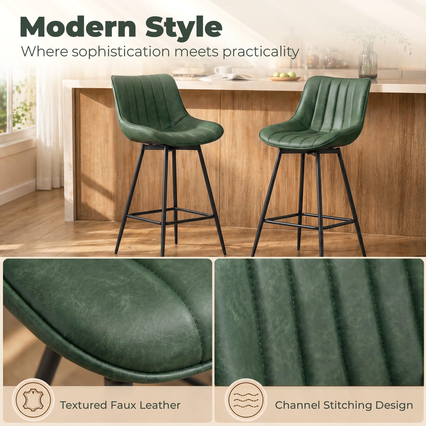 HOMCOM Set Of 2 PU Leather Swivel Bar Stools Dark Green For Kitchen Island With 360 Degree Swivel
