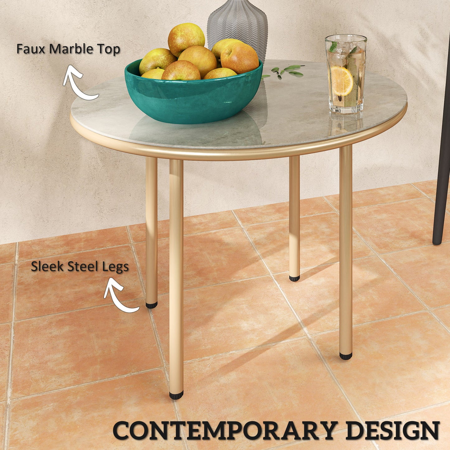 Outsunny Round Coffee Table With Faux Marble Top And Tempered Glass Steel Frame End Side Table For Living Room Beige