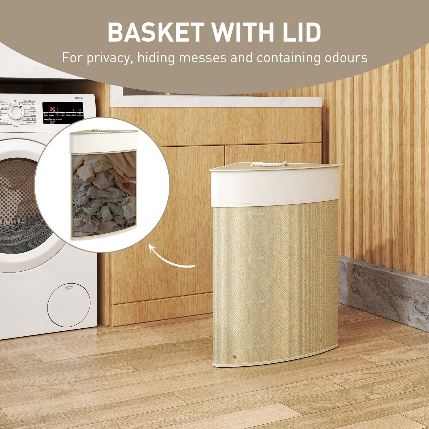 HOMCOM Bamboo Laundry Basket With Lid 55L Corner Hamper Removable Washable Liner Bag Triangle Basket Nature Wood Finish