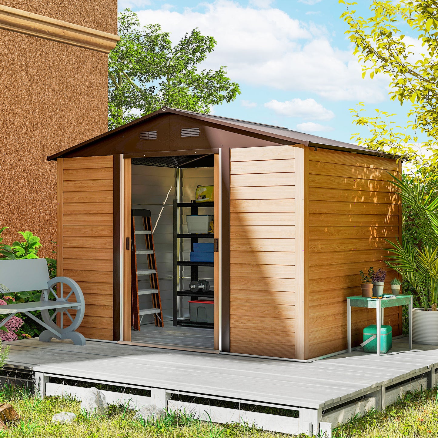 Outsunny 9 By 6 Ft Galvanised Steel Shed With Double Sliding Doors And Four Ventilation Slots Brown Wood Effect