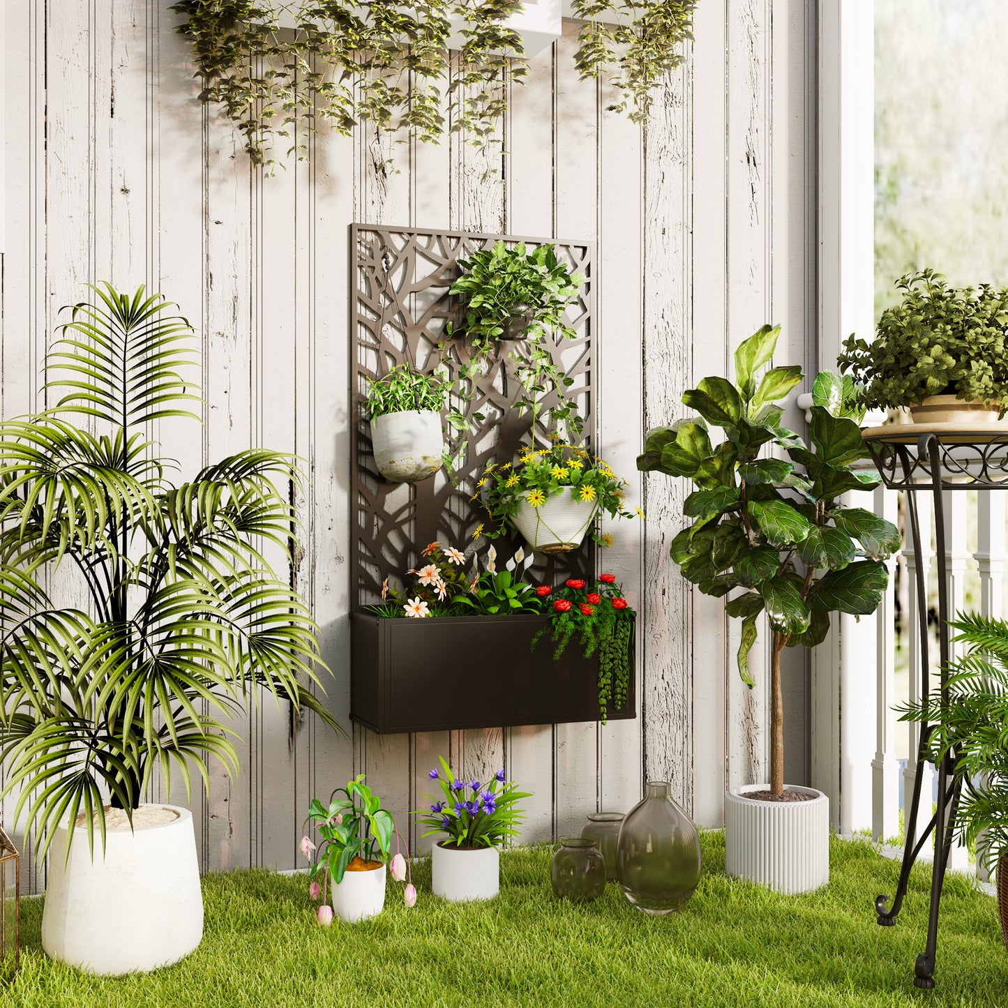 Outsunny Outdoor Metal Planter With Back Trellis Black Garden Box 23x58cm For Climbing Vines Holds 32L Soil
