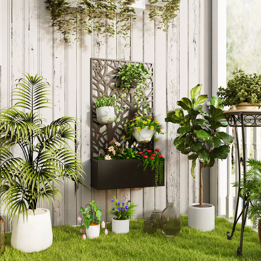Outsunny Outdoor Metal Planter With Back Trellis Black Garden Box 23x58cm For Climbing Vines Holds 32L Soil