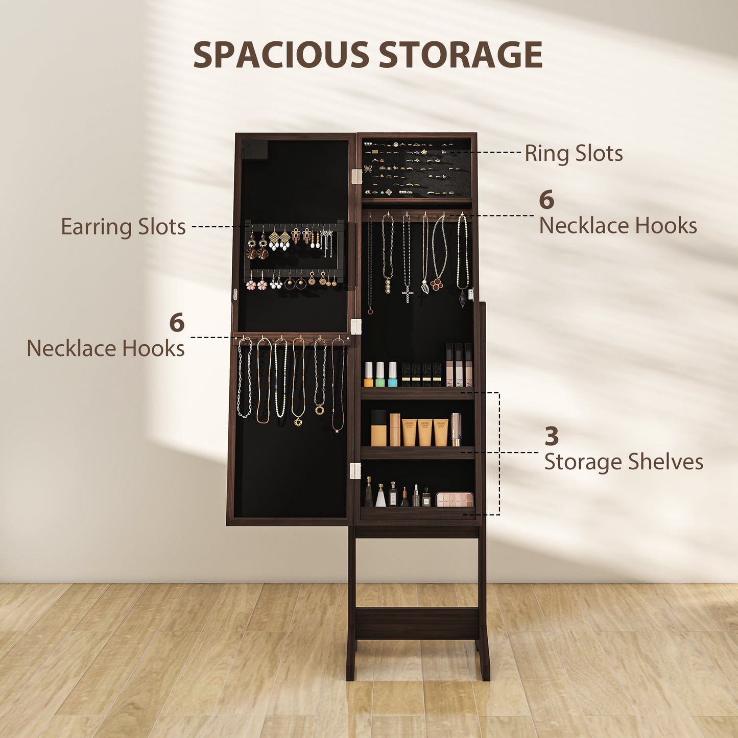 HOMCOM Freestanding Mirrored Jewellery Storage Cabinet With LED Lights And 70 Ring Slots 32 Earring Slots Dark Brown