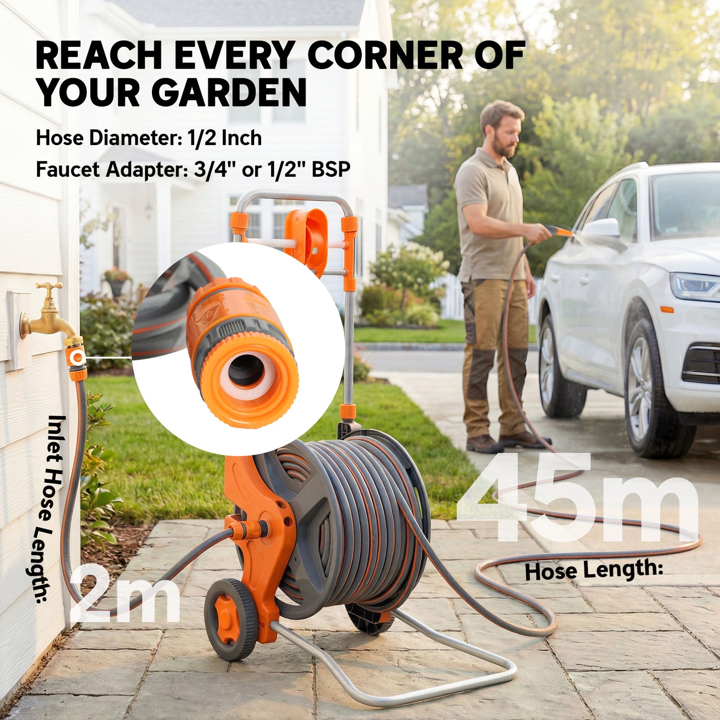 Outsunny Hose Reel Cart With Wheels 45m Garden Hose Reel With 2 Pattern Nozzles And Rewind Handle Orange
