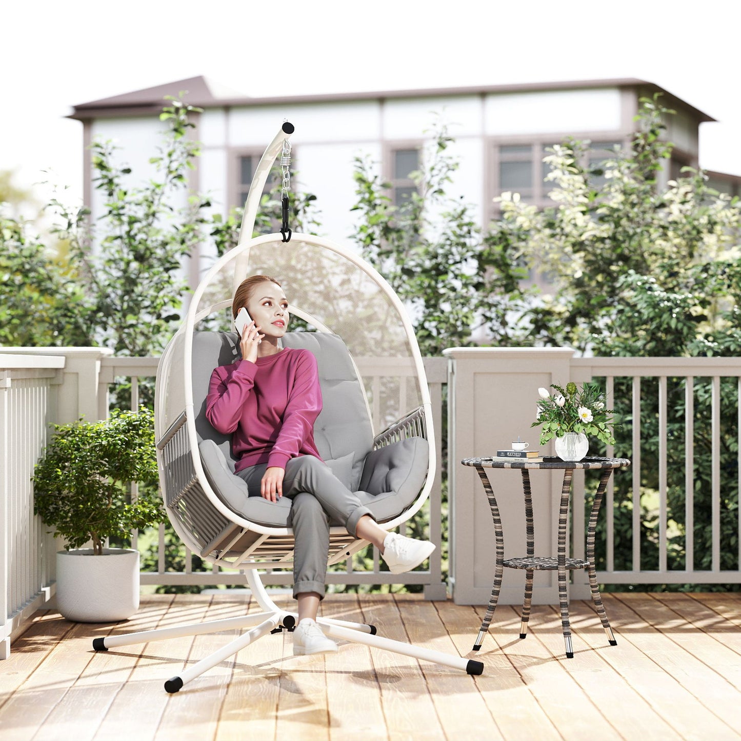 Outsunny Hanging Egg Chair With Cushion Light Grey Outdoor Patio Lounge Chair With Powder Coated Steel Frame