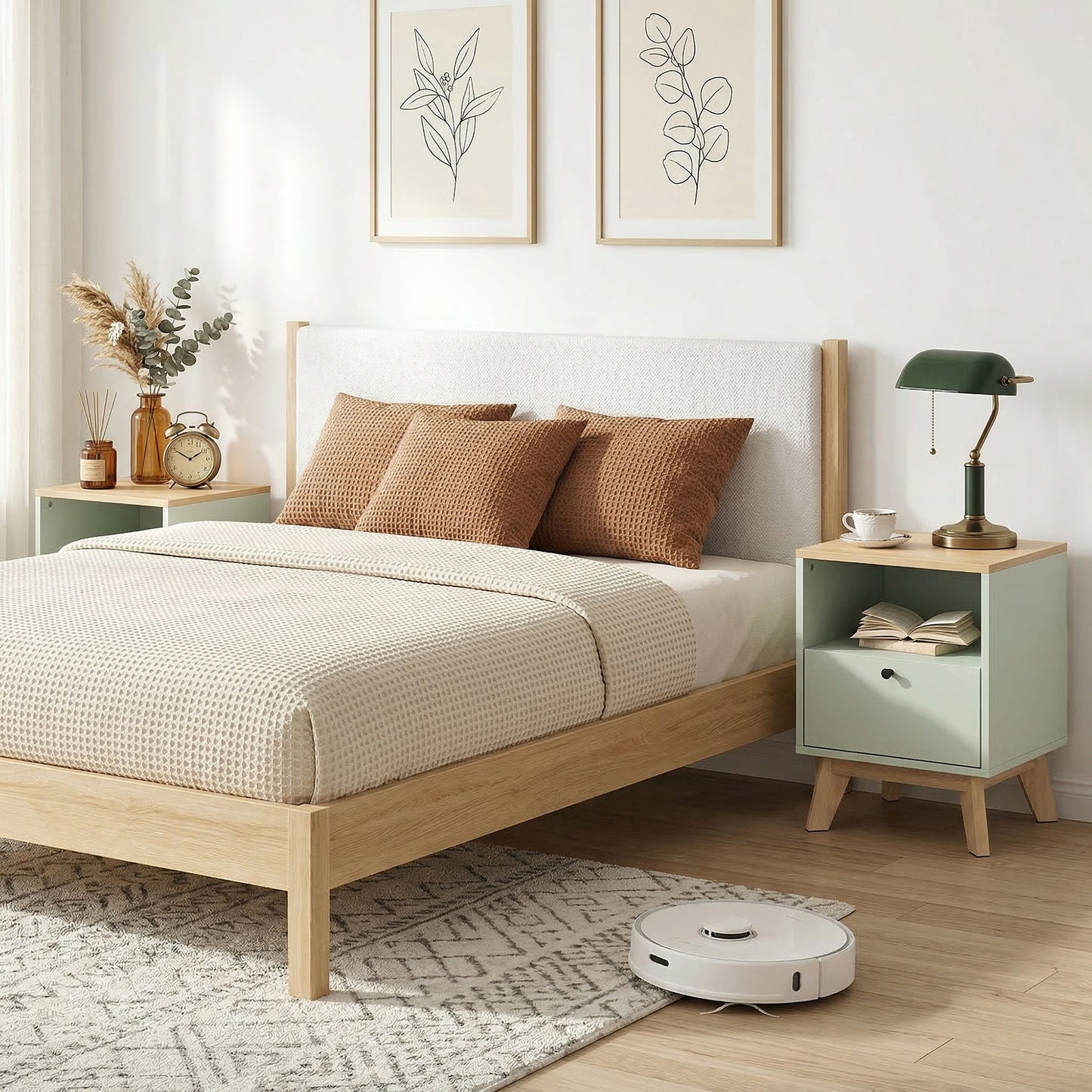HOMCOM Modern Nightstand Set Of 2 Bedside Tables With Drawers And Open Shelf Light Green Finish