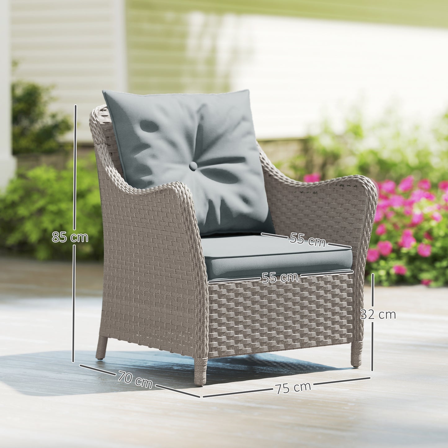 Outsunny Rattan Garden Chairs Set 2 With Cushions High Back Armrests PE Wicker Steel Frame Balcony Porch Light Grey