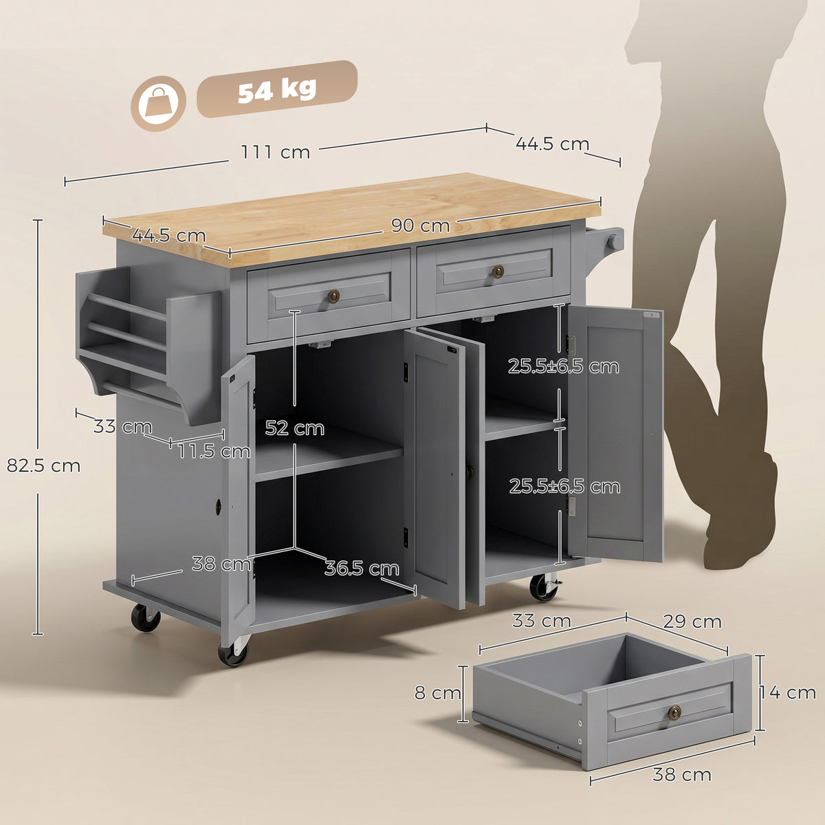 Rolling kitchen island layout with dimensions shown for gray cabinets and rubberwood top