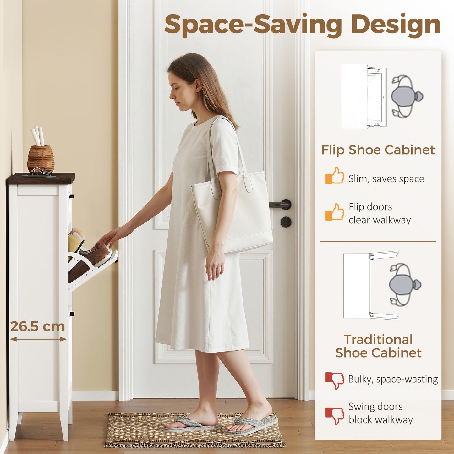 Homcom White Farmhouse Narrow Shoe Cabinet With Two Flip Drawers And Adjustable Shelves For 8 To 12 Pairs