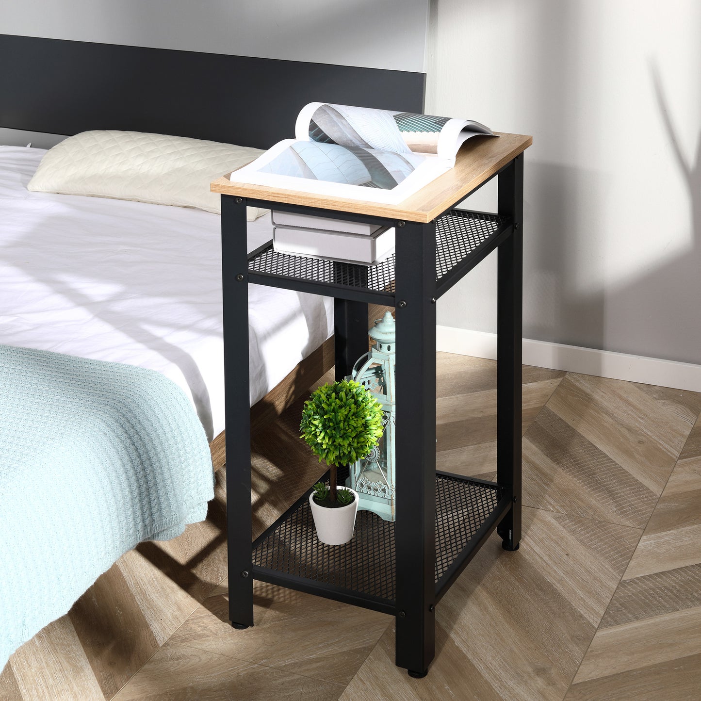 HOMCOM Tall Side Table Set Of 2 With 3 Levels And 2 Shelves Industrial Style Metal Frame Bedside End Tables Oak Black