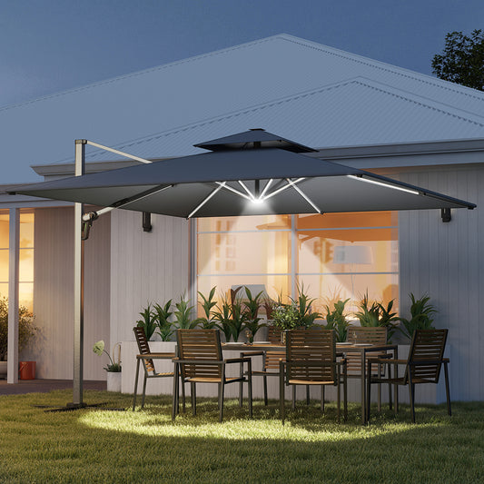 Outsunny 3m Garden Cantilever Parasol With Cross Base And Solar LED Lights 360 Degree Rotation Crank Tilt Grey