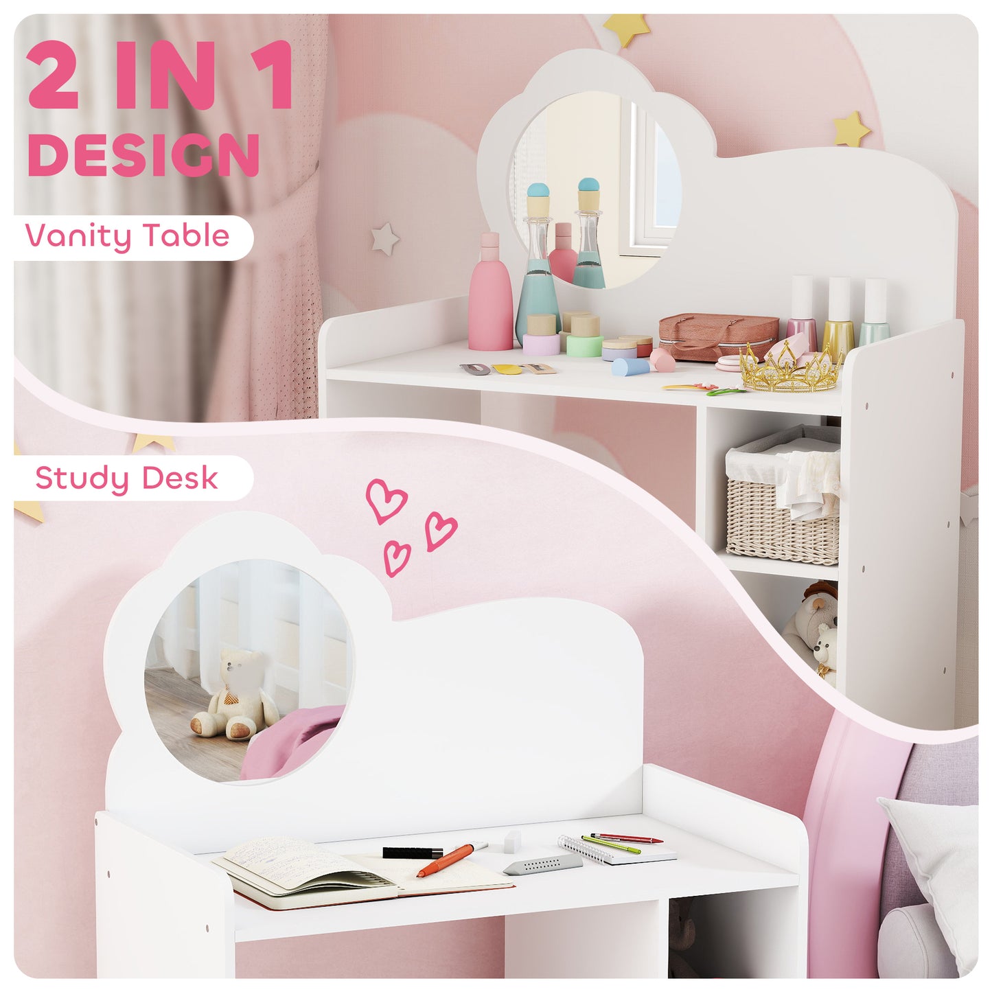 AIYAPLAY Kids Dressing Table With Mirror And Stool Vanity Table With Shelves For Ages 3 To 8 White