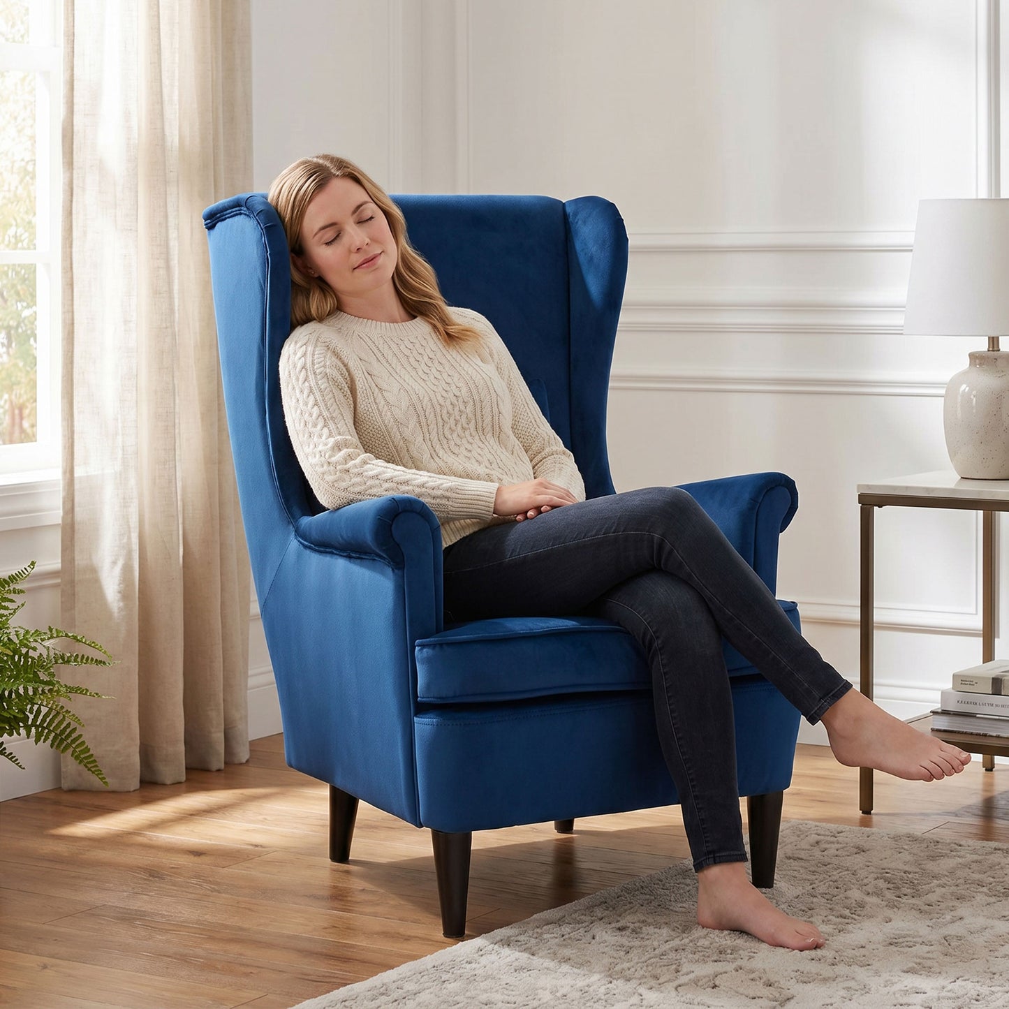 HOMCOM Velvet Wingback Reading Chair with High Backrest and Removable Pillow Cover Blue