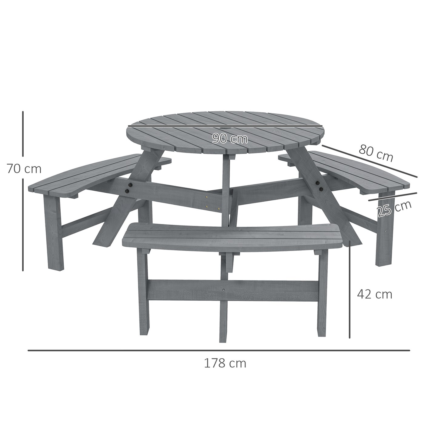 Outsunny Wooden Garden Dining Set 6 Seater Round Table With Matching Bench Parasol Hole Grey Outdoor Patio