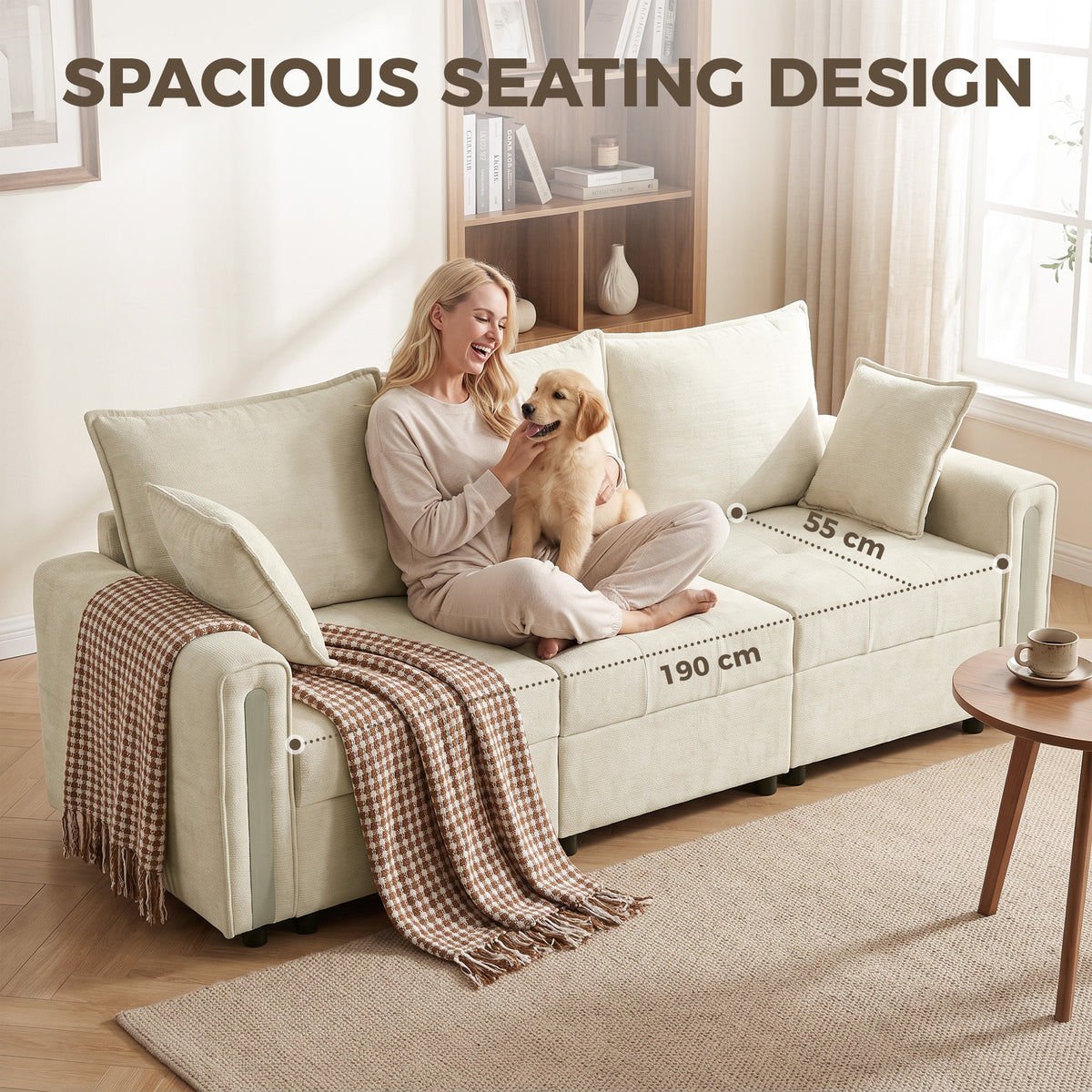 Beige 3-seat sofa with plush cushions and decorative throw pillows