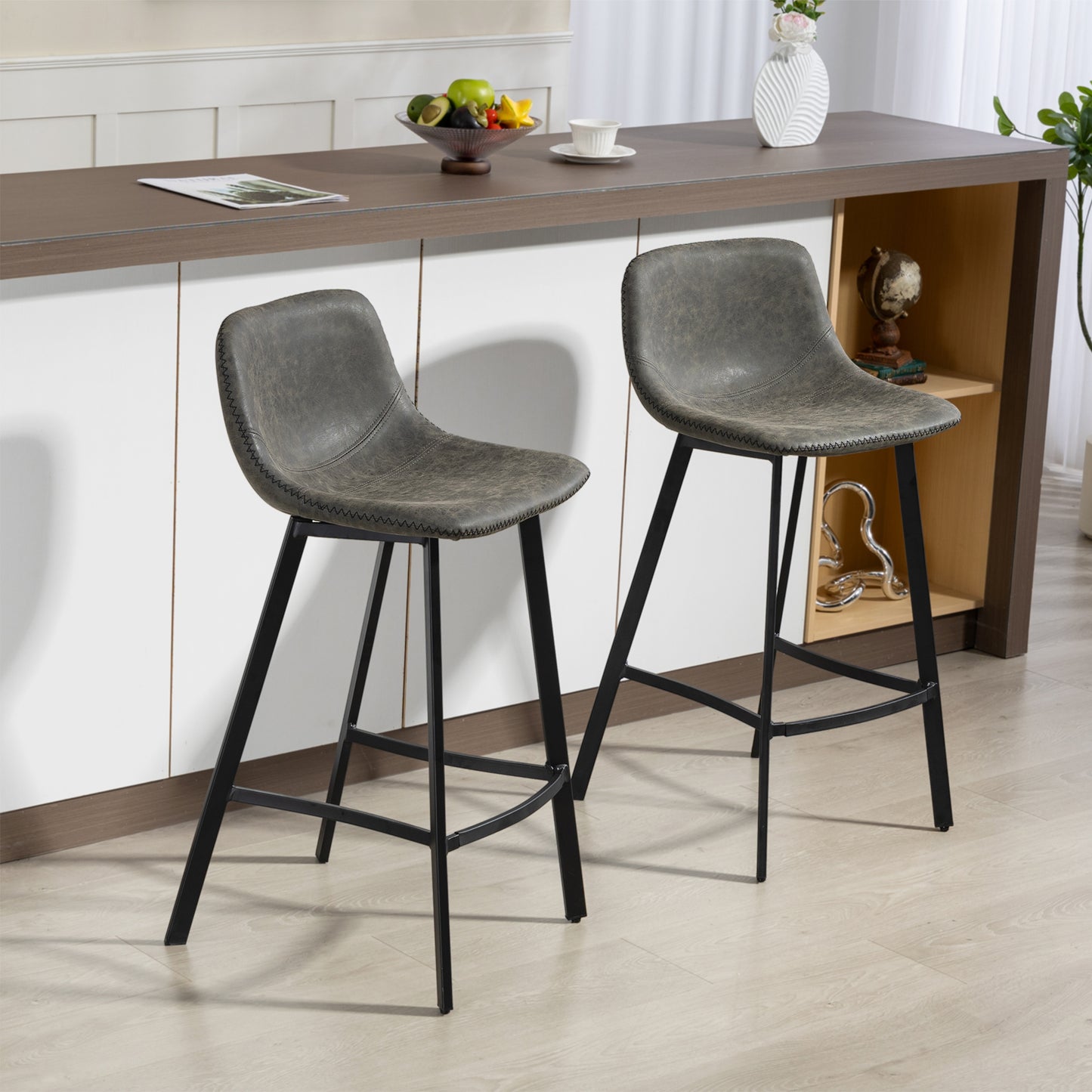 HOMCOM Bar Stools Set Of 2 PU Leather Dining Stools With Backrest And Footrest For Kitchen Counter Breakfast Bar Grey