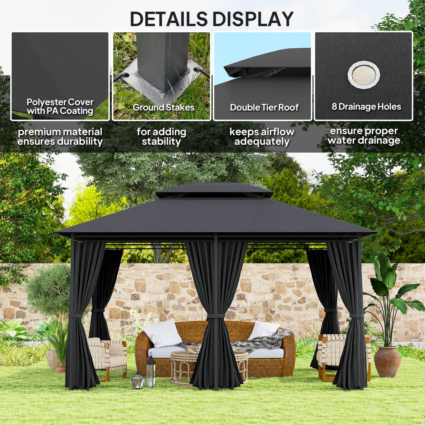 Outsunny 3x4m Steel Gazebo With UV Resistant Curtains Black Outdoor Party Shelter Two Tier Roof Ground Stakes