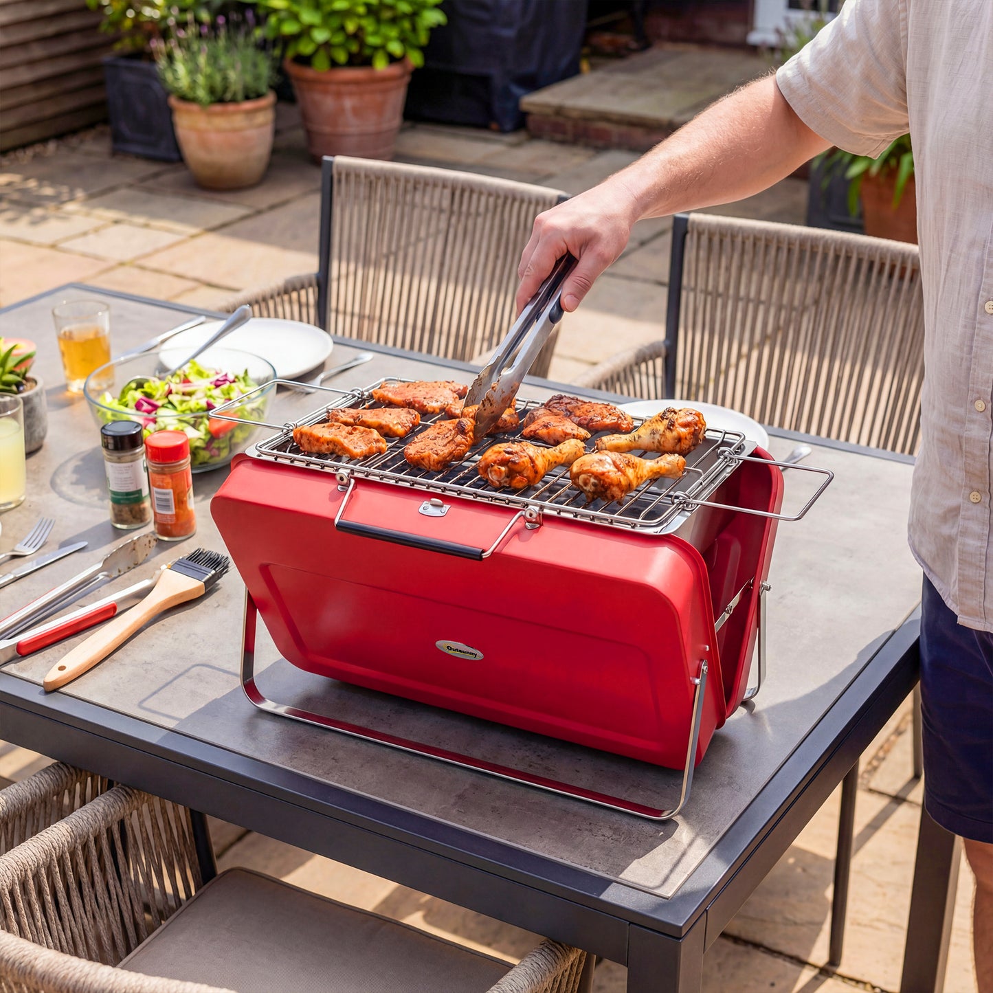 Outsunny Portable Mini Charcoal Grill With Suitcase Shell Folding Tabletop Outdoor BBQ Red