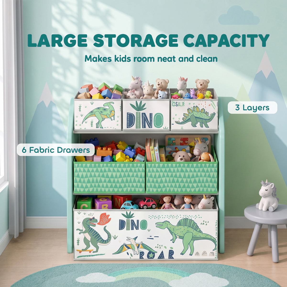 Light green 3-tier toy storage rack with 6 fabric drawers and dinosaur front panels