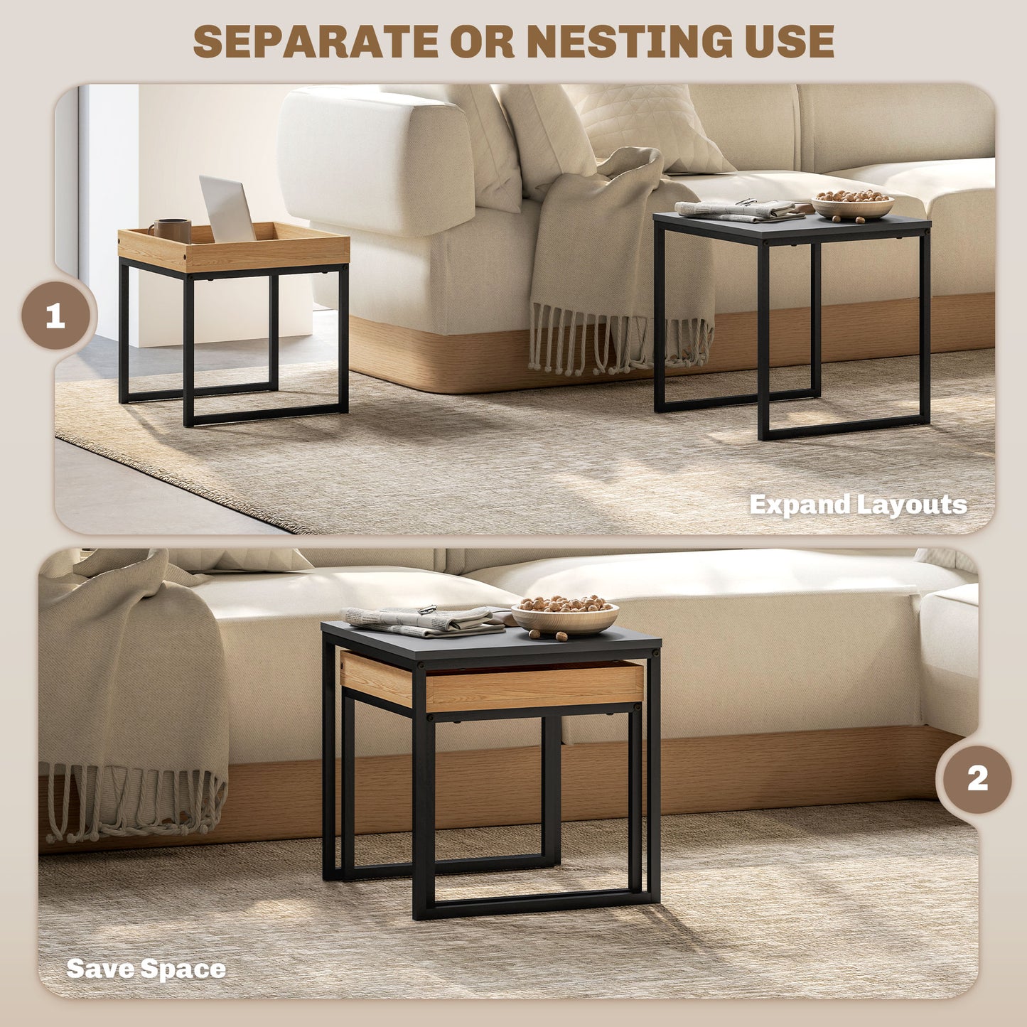 HOMCOM Set Of Two Boxy Nesting Tables Black And Wood Effect Tray Top End Tables Versatile