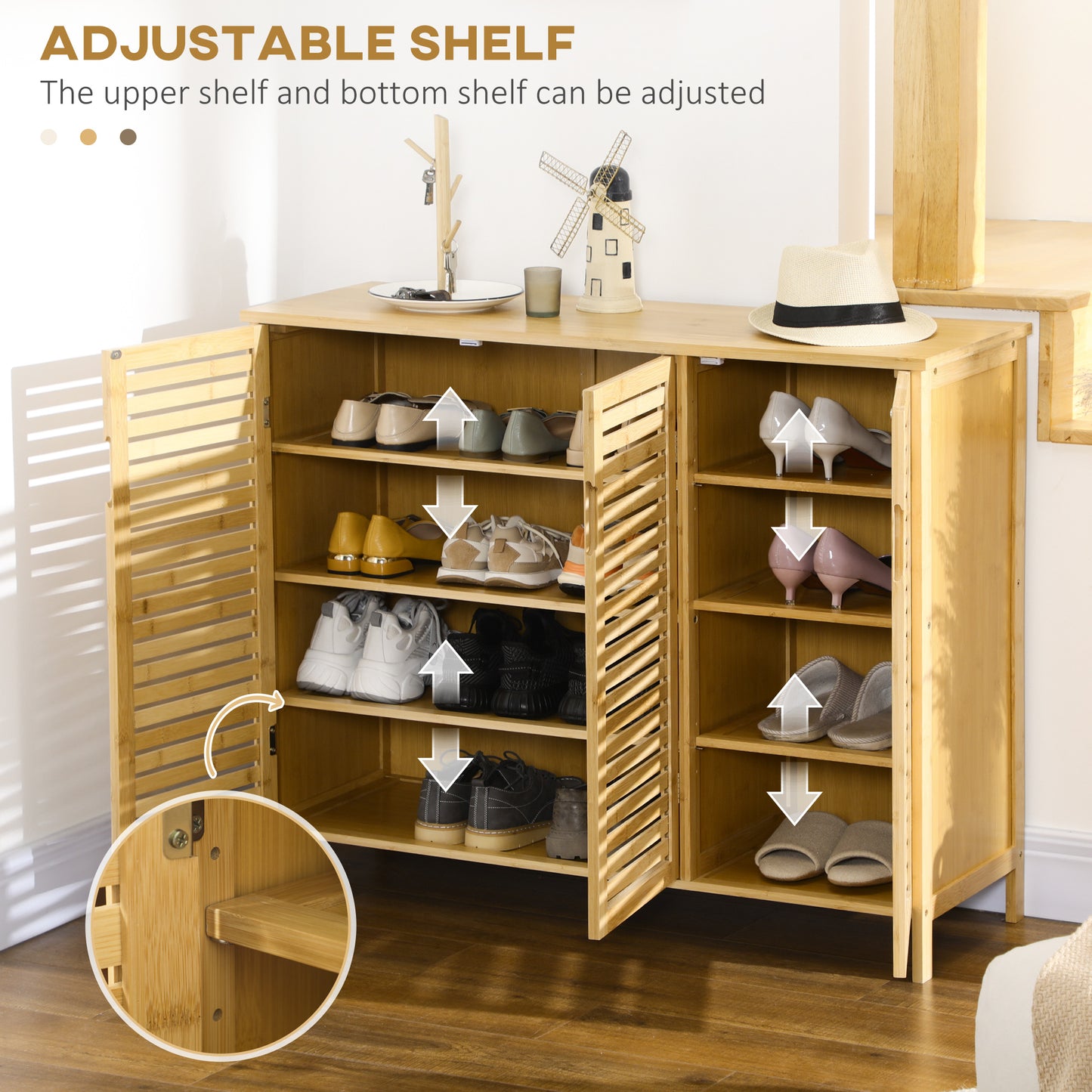 HOMCOM Rustic Shoe Cabinet 3 Door Storage with 8 Shelves Adjustable Upper and Lower Shelves Natural Wood Finish