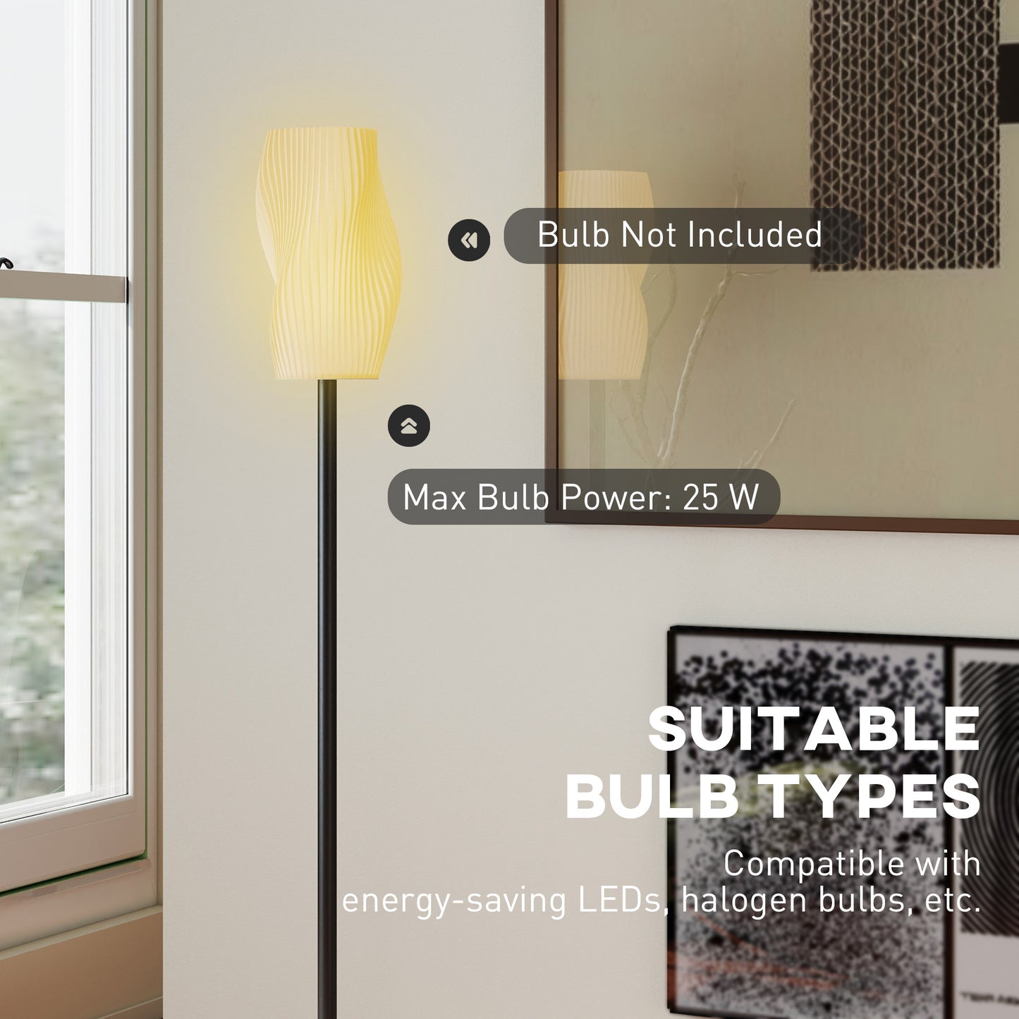 HOMCOM 3D Printed Floor Lamp With Flowing Curved Shade And Foot Switch Minimalist Tall Pole E27 Holder 25W Max White