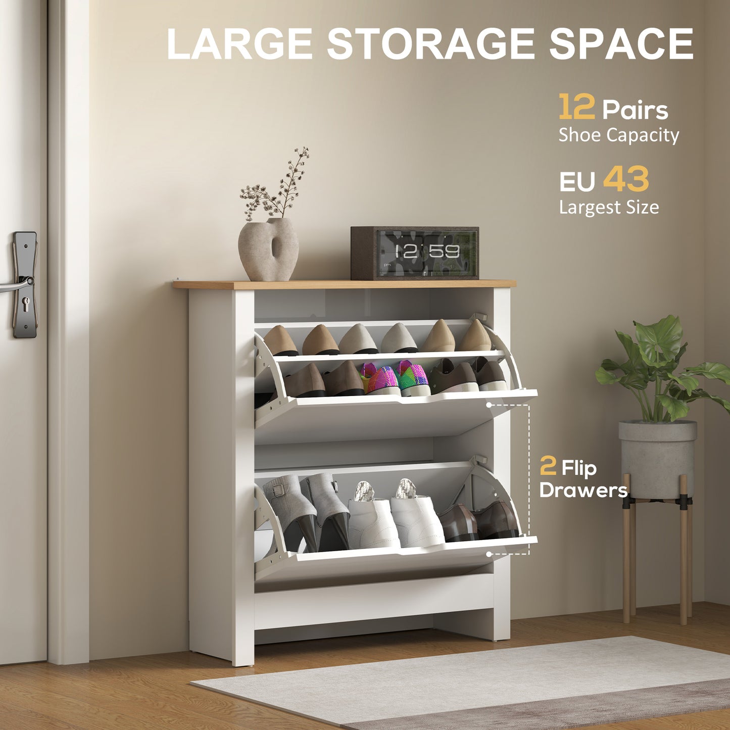 HOMCOM Slim Shoe Cabinet Narrow Cupboard With 2 Flip Drawers Adjustable Shelves For 12 Pairs High Gloss White