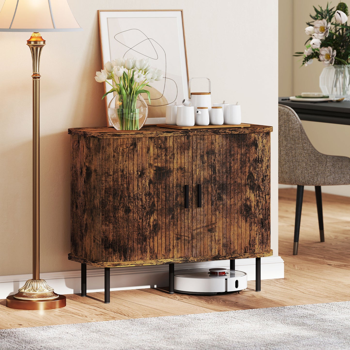 HOMCOM Mid Century Sideboard Cabinet Nightstand Accent Console With Tambour Doors Two Tier Storage Rustic Brown Warm Oak