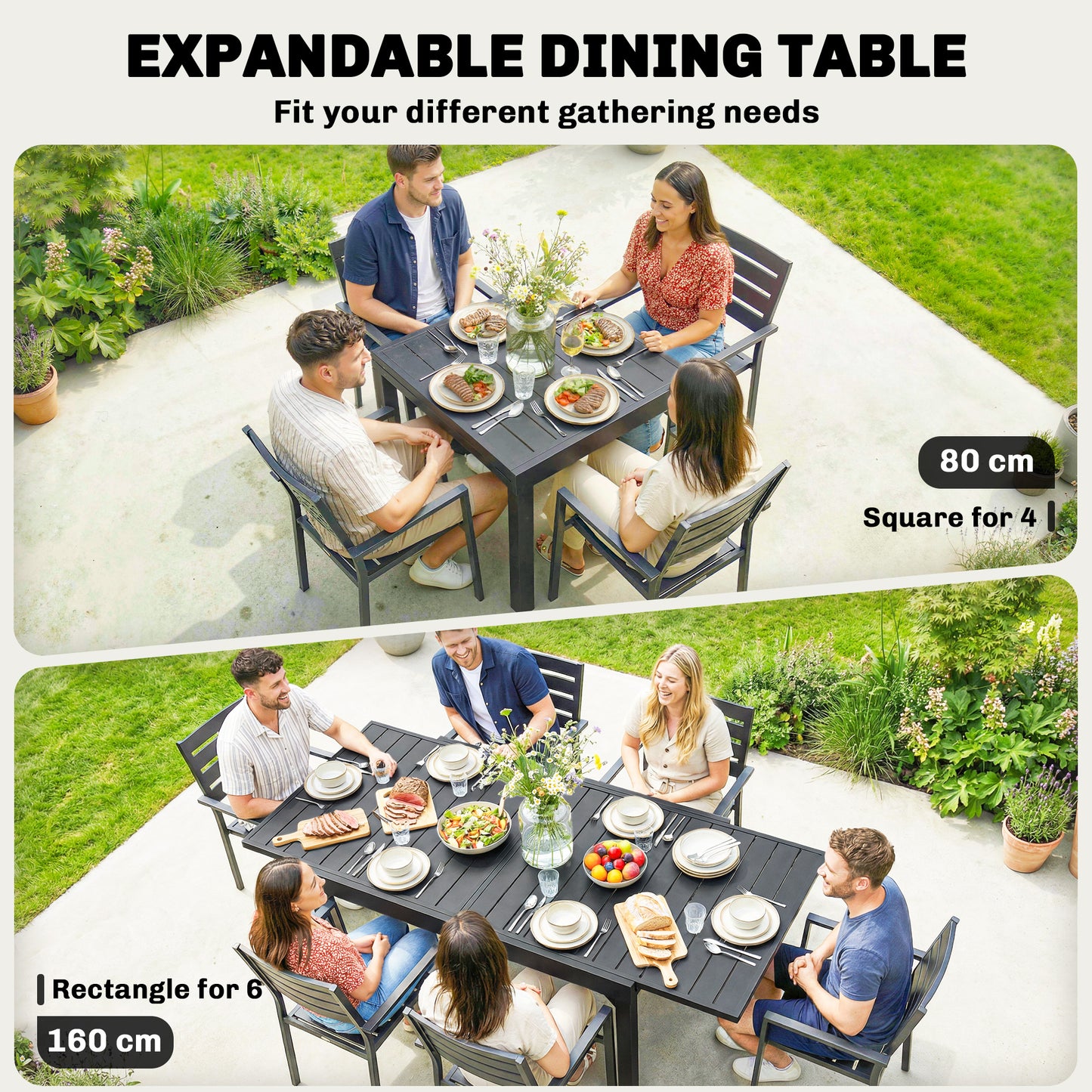 Outsunny Extendable Patio Dining Table For 4 To 6 People 80 To 160 Cm Aluminium Slatted Top Black Weather Resistant