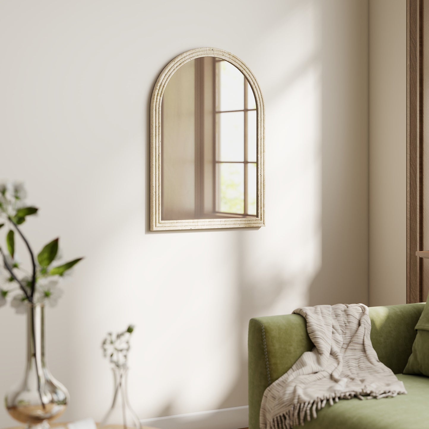 HOMCOM Arched Wall Mirror With Grooved Edge And Hooks Wall Mounted Modern Tempered Glass Beige