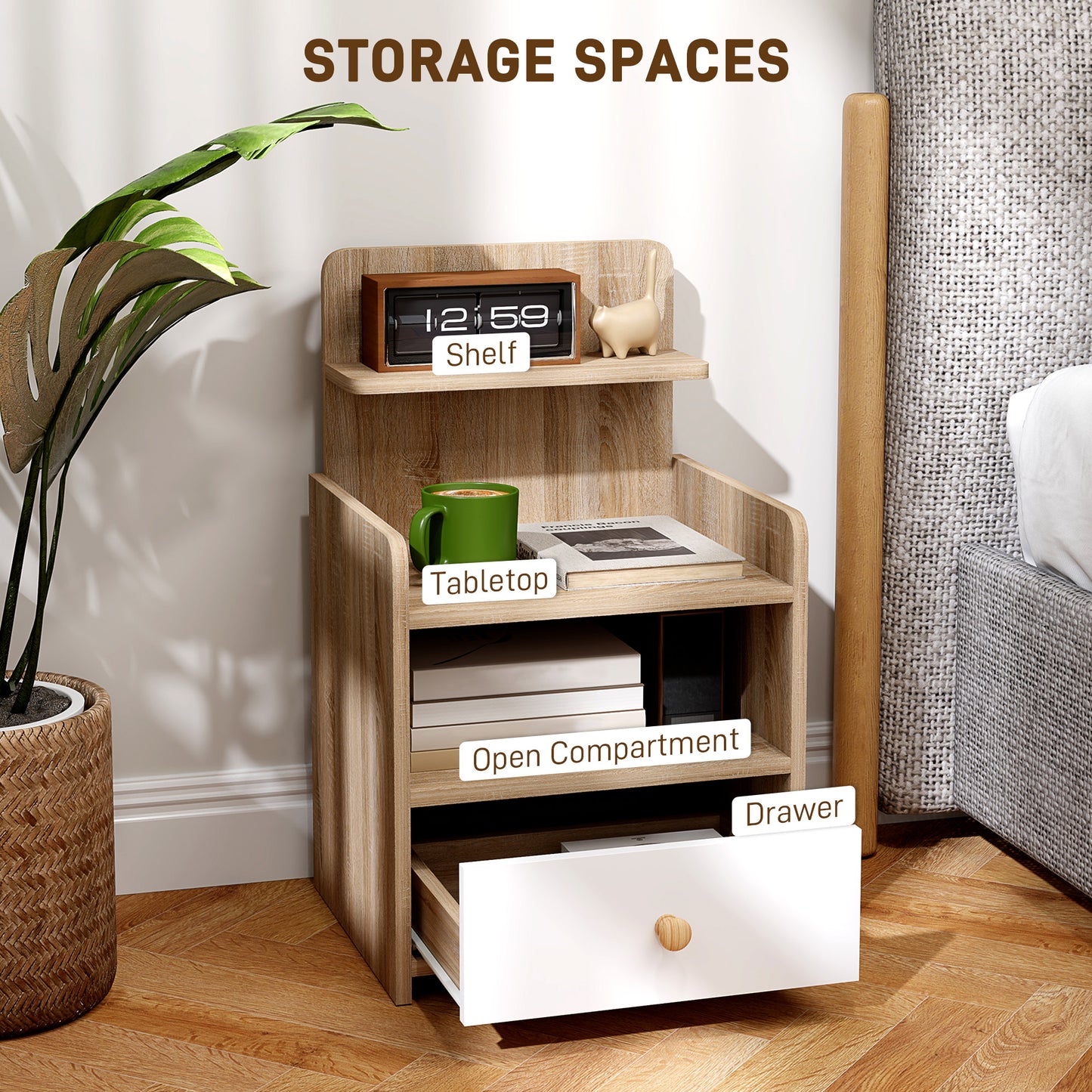 HOMCOM Multi Storage Bedside Table White Wood Effect With Drawer And Three Shelves